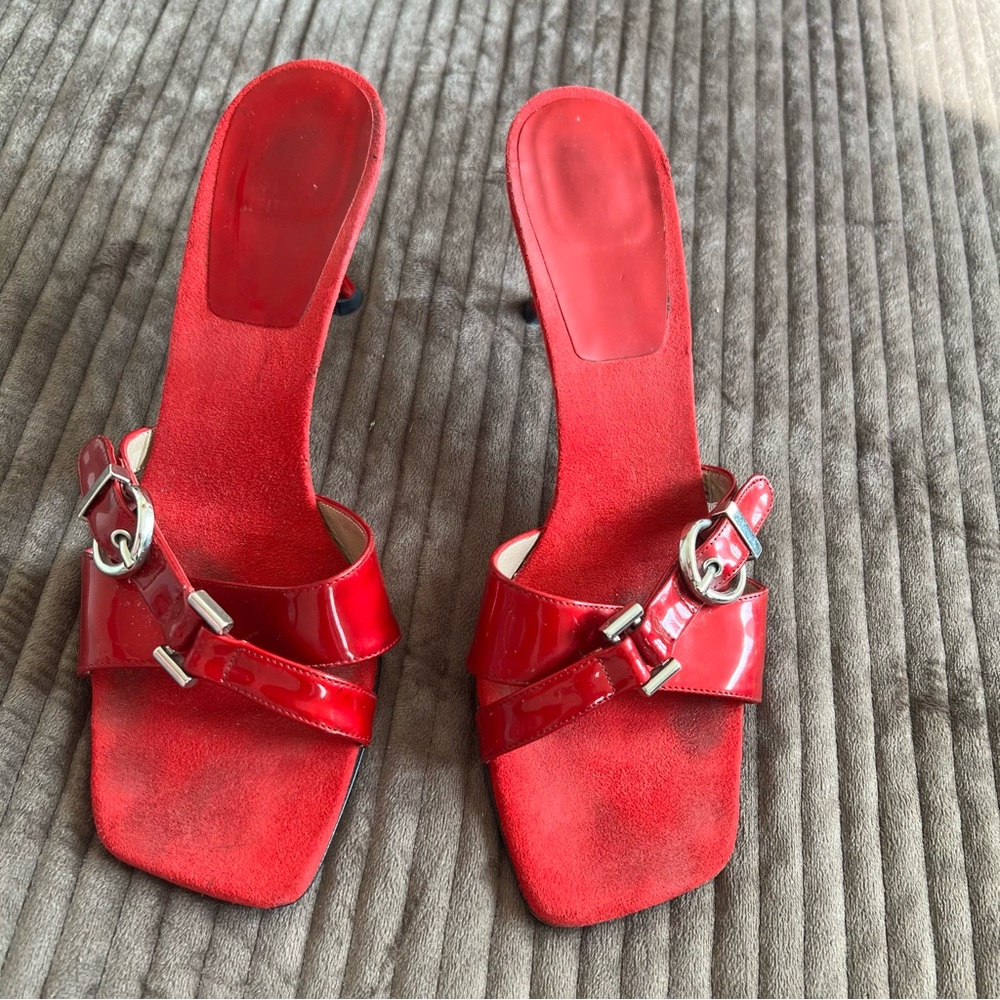 Stuart Weitzman Red Patent Leather Mules